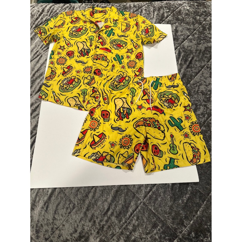 Mexican Food Print Top/Short Set Men's Size Medium Yellow EUC - Picture 2 of 11